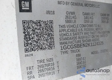 2019 Chevrolet Colorado 2Wd Work Truck z USA, uszkodzony, nr VIN 1GCGSBEN2K1124325